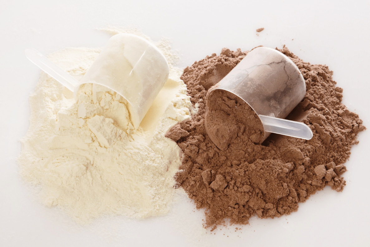 Whey Protein Scoops vanilla and chocolate