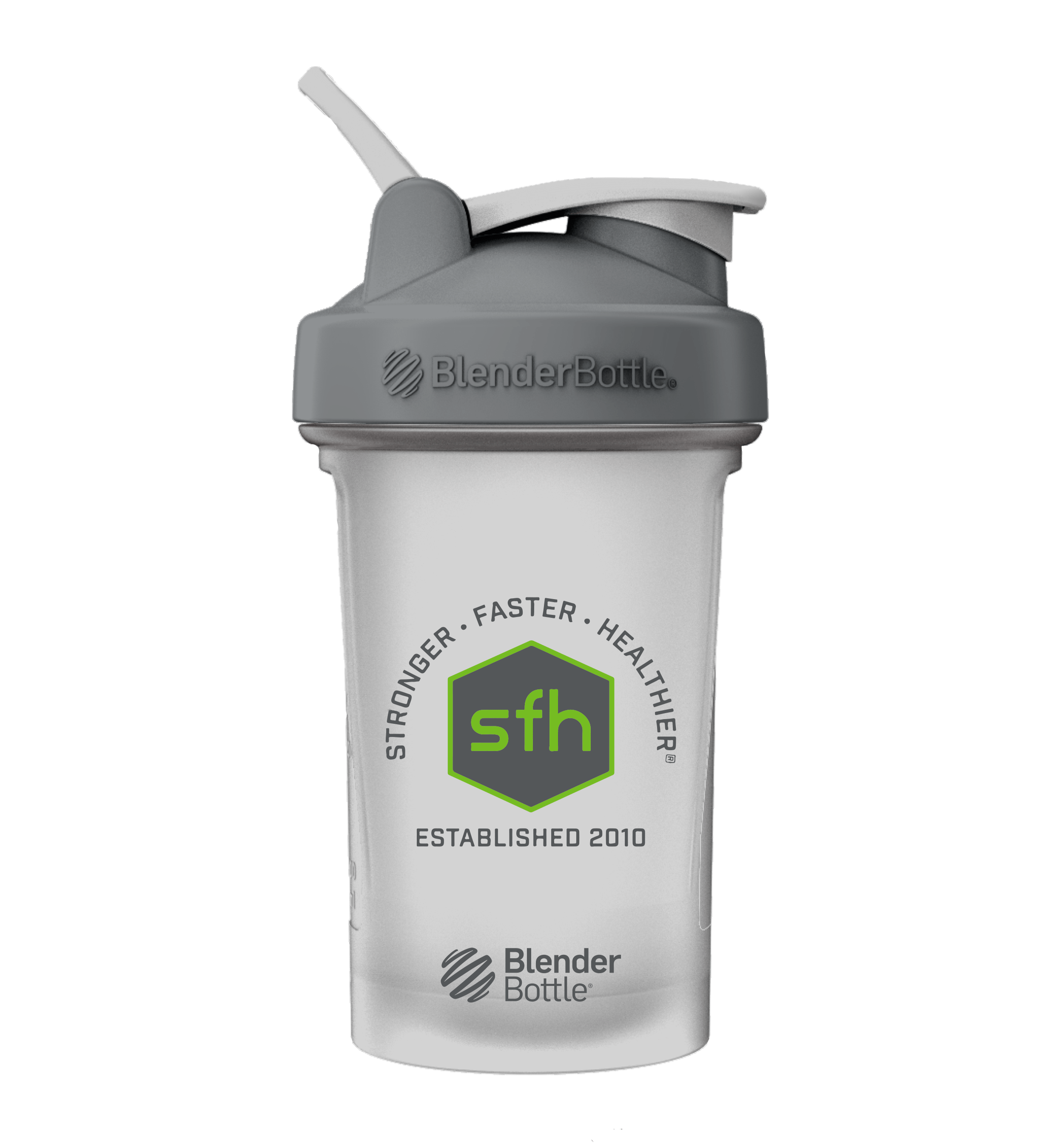 SFH 20 oz protein blender bottle with BlenderBall and flip cap, shown in clear and black design