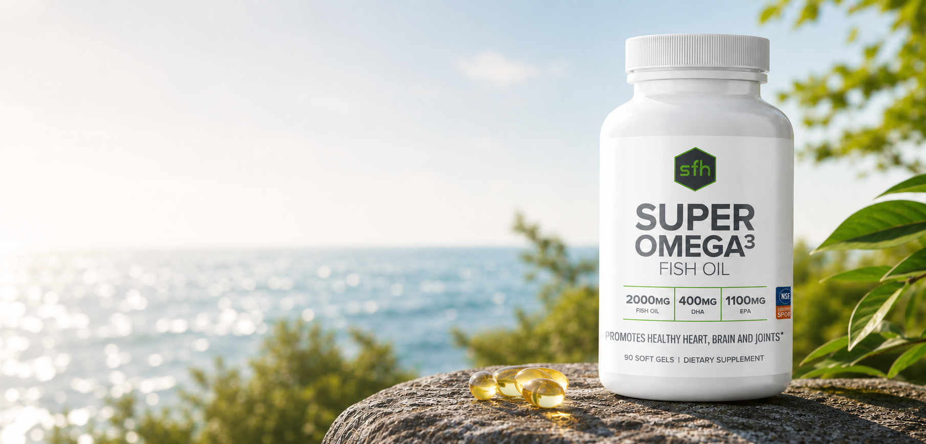 Super Omega3 fish oil supplement bottle with a scenic background of water and trees.