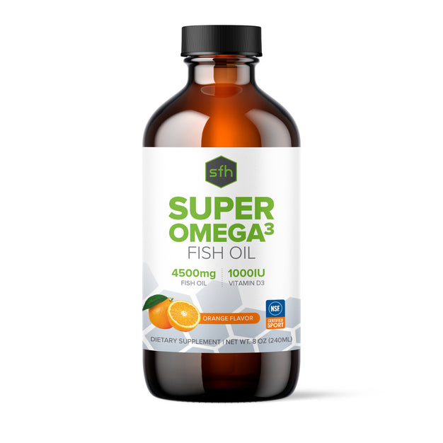 Liquid fish oil supplement with omega 3 and vitamin D3 in amber glass bottle