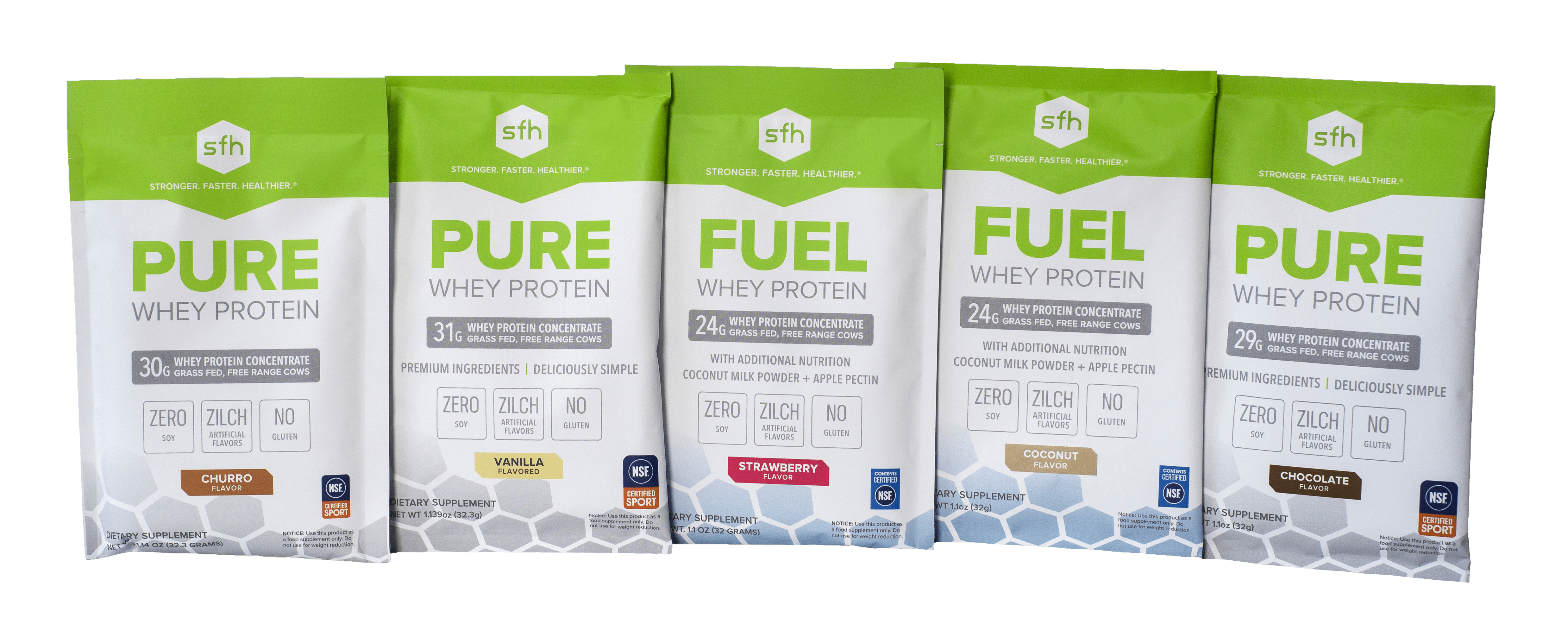 Whey Protein Variety Pack featuring PURE and FUEL single-serve packets in assorted flavors for sampling or travel use