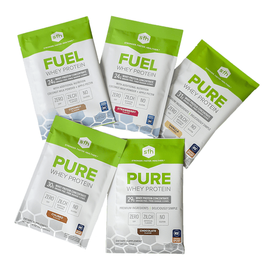 Five SFH whey protein sample packets in PURE and FUEL flavors including chocolate, churro, vanilla, strawberry, and coconut